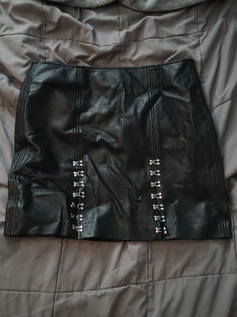 Black Faux Leather Mini Skirt with Hook-Detail